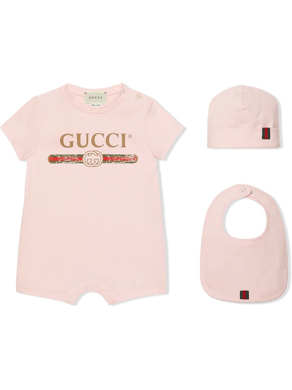 Shop Gucci Kids Set Tutina Bavaglino E Berretto Con Stampa In Pink