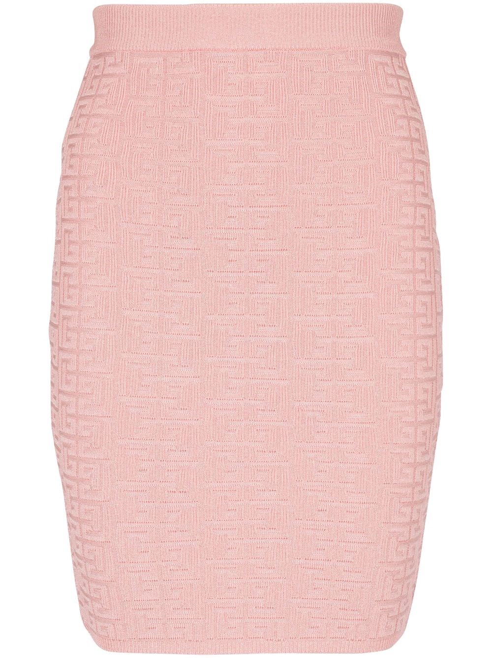 Shop Balmain Minigonna In Maglia Con Intarsio Pb In Rosa