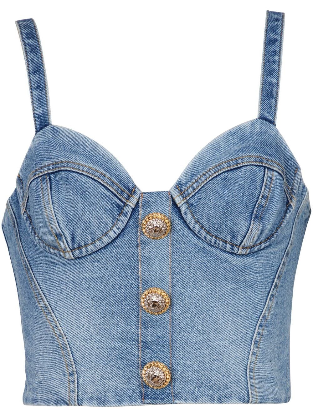 Shop Balmain Top Corto Denim In Blu