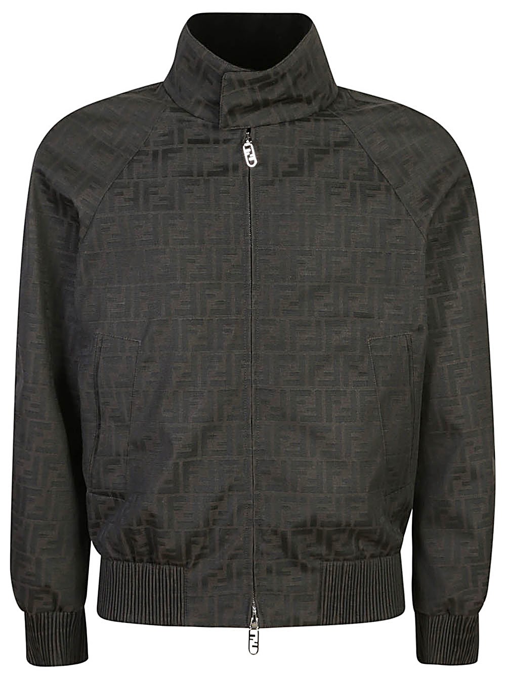 Fendi Men Black Jacket With High Neck And All-over Ff Motif In Tech Fabric Man