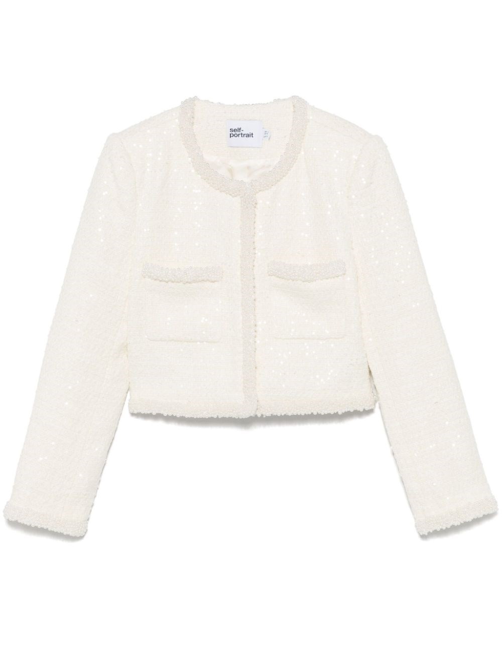 Self-portrait White Crewneck Jacket With Sequin And Faux-pearls Embellishments In Tech Fabric Woman