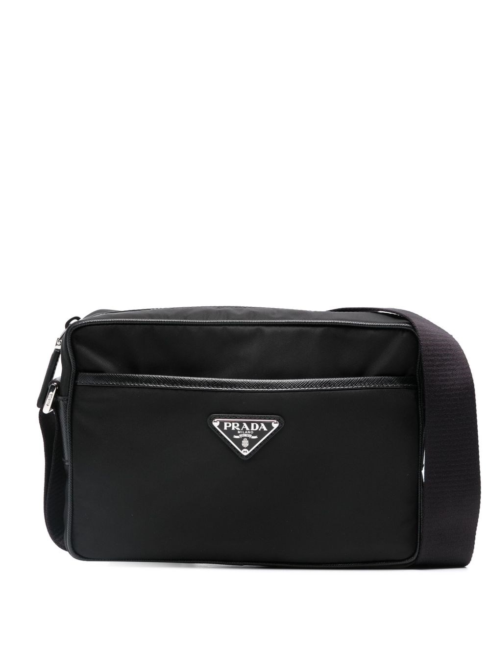 Prada Logo Plate Messenger Bag In Black
