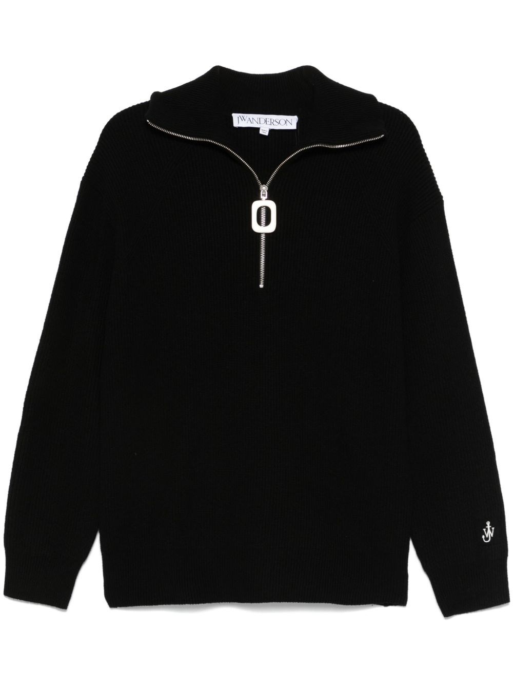 Jw Anderson Men Black High Neck Sweater With Front Zip Closure And Logo Embroidery In Wool Man In Black