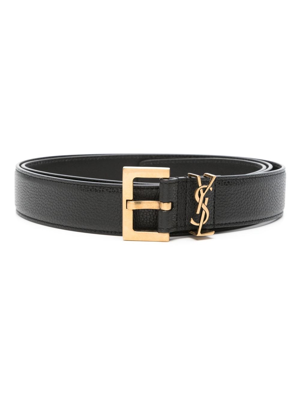 Saint Laurent Slim Cassandre Leather Belt In Black