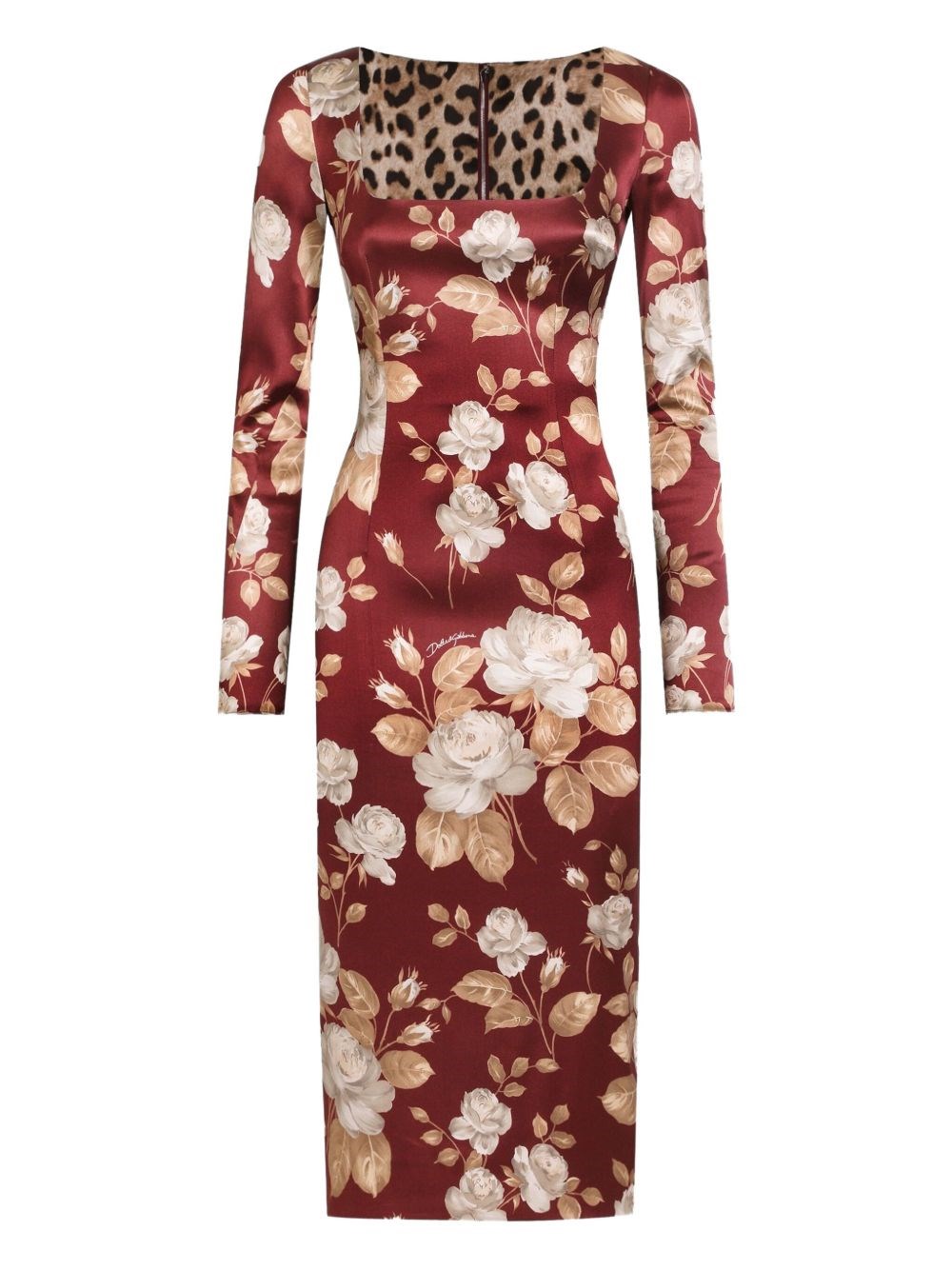 Dolce & Gabbana Rose Print Midi Dress With A Square Neckline In Red