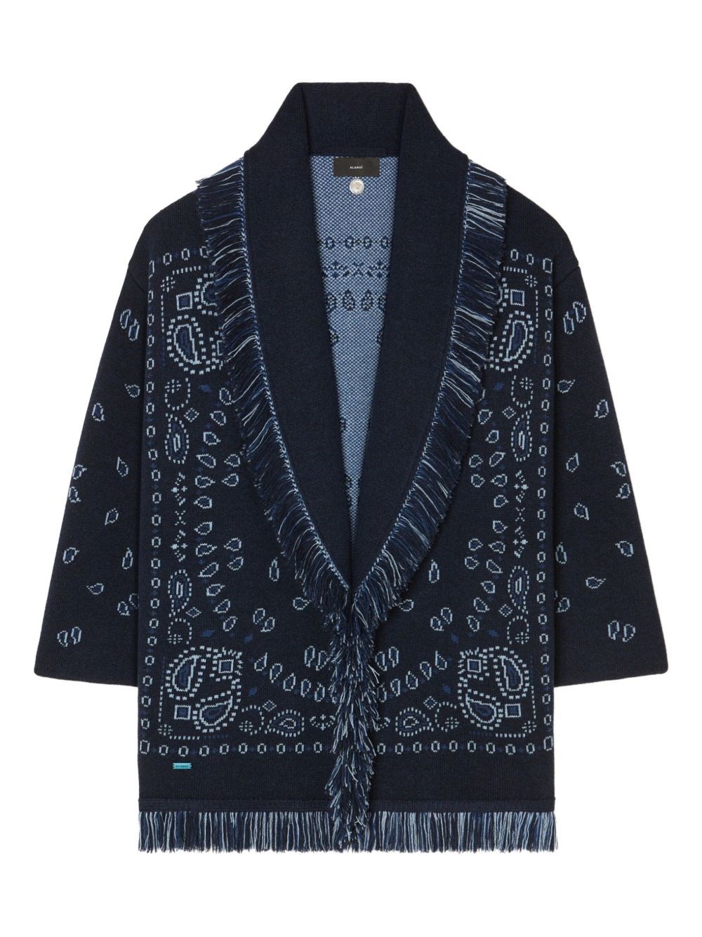 Alanui Jacquard Bandana Shawl Collar Fringe Cardigan In Blue