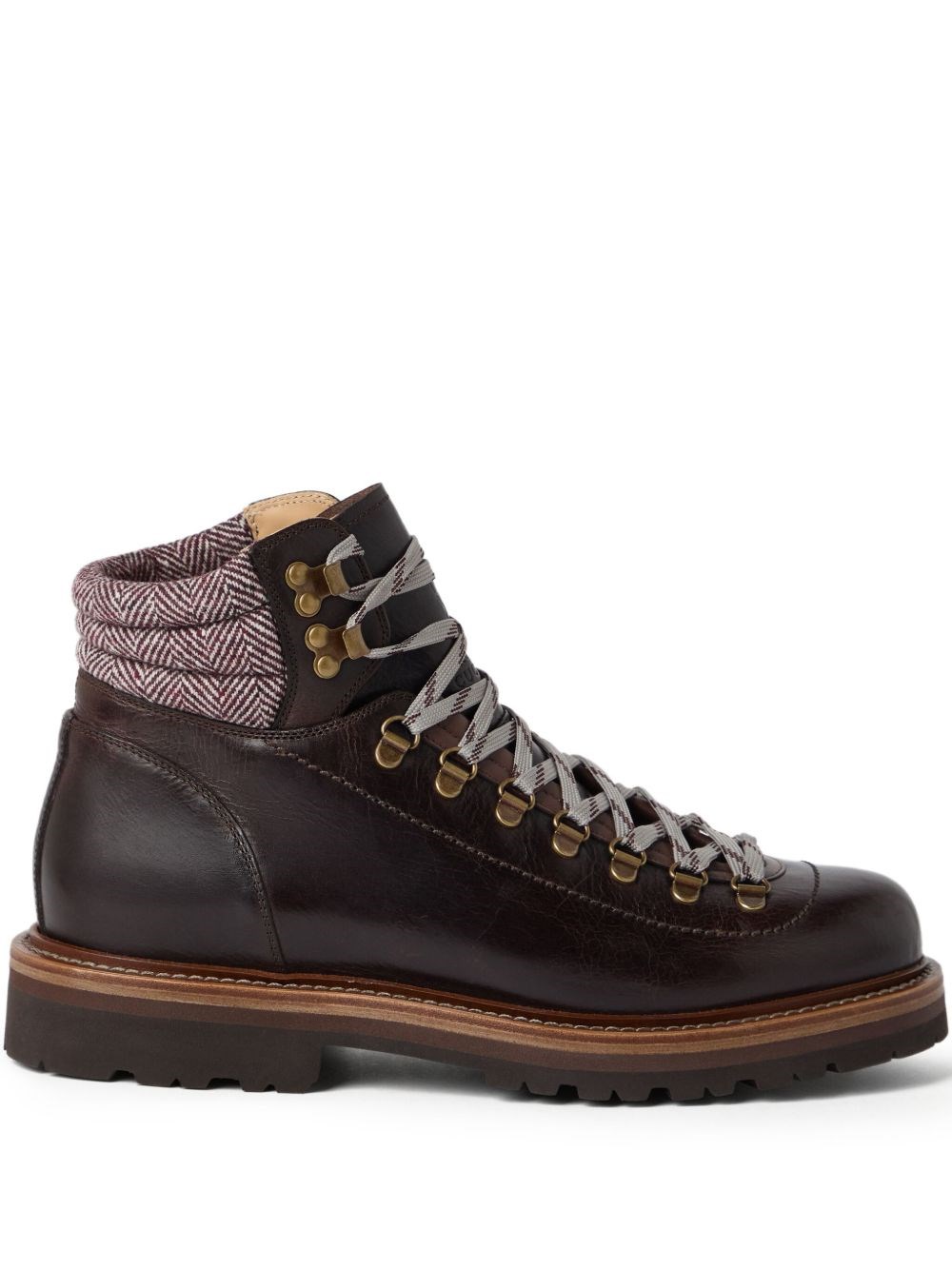 Brunello Cucinelli Wool And Cashmere-blend Trimmed Glossed-leather Boots In Brown