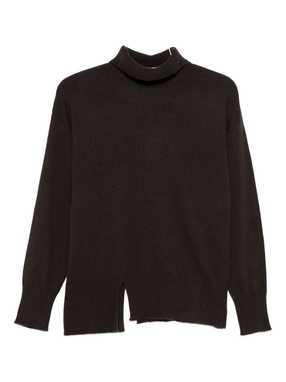 Antonelli High Neck Sweater With Side Slits In Brown
