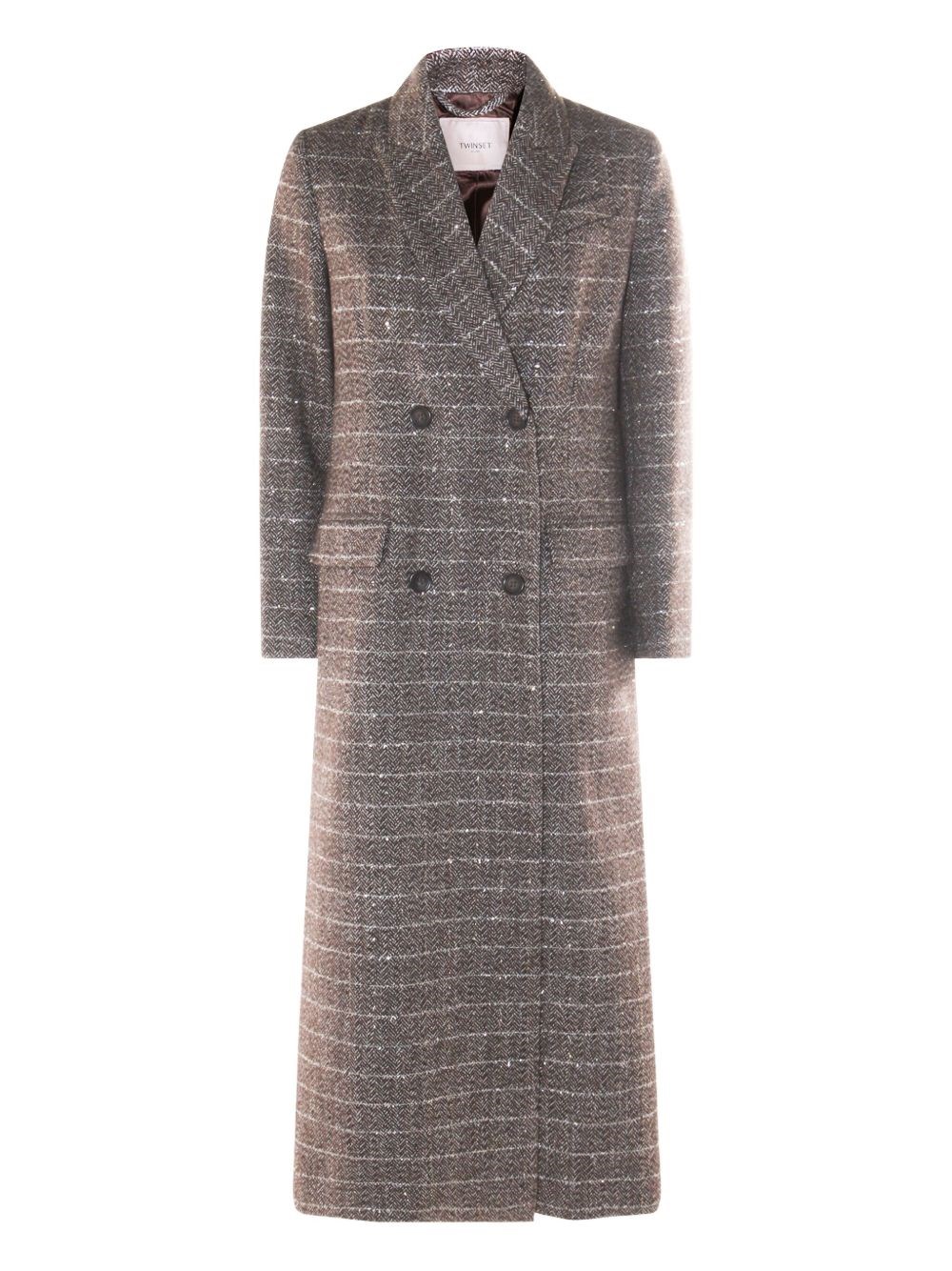 Twinset Houndstooth Double-breasted Coat In Brown