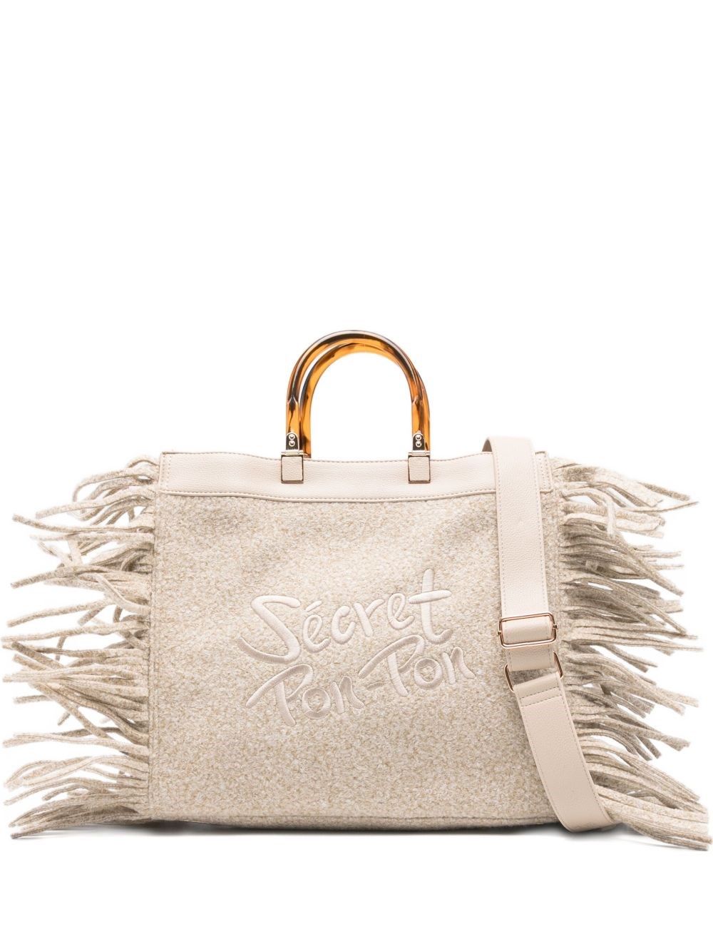 Secret Pon-pon Shoulder Bag With Handles And Fringes In White