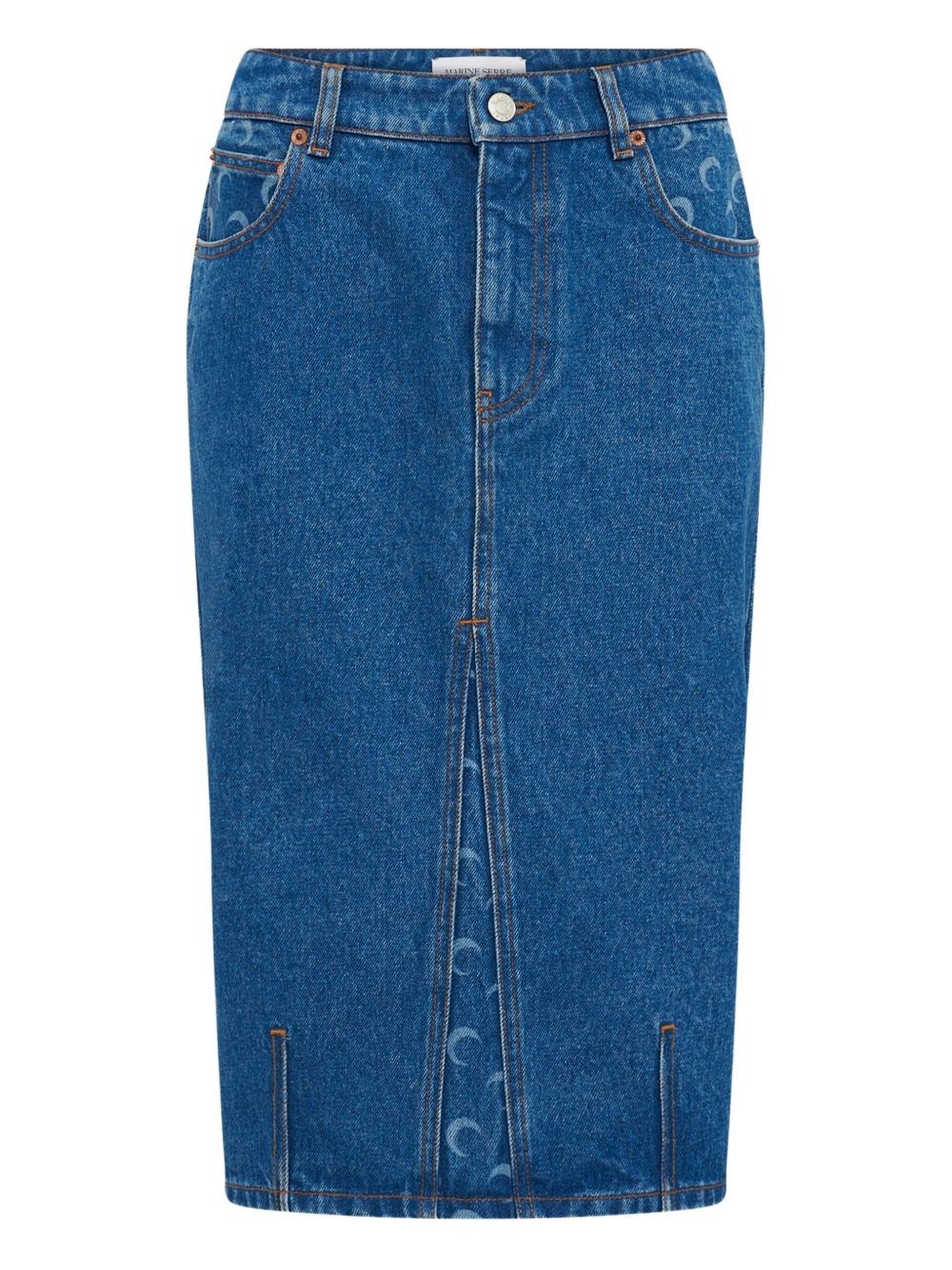 Marine Serre Moon Laser Midi Denim Skirt In Blue
