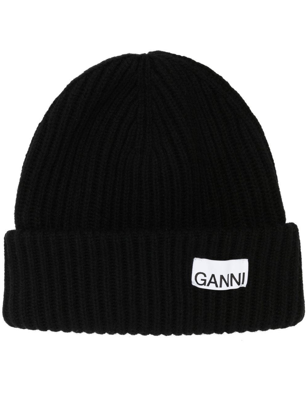 Ganni Ribbed Beanie With Application In Black