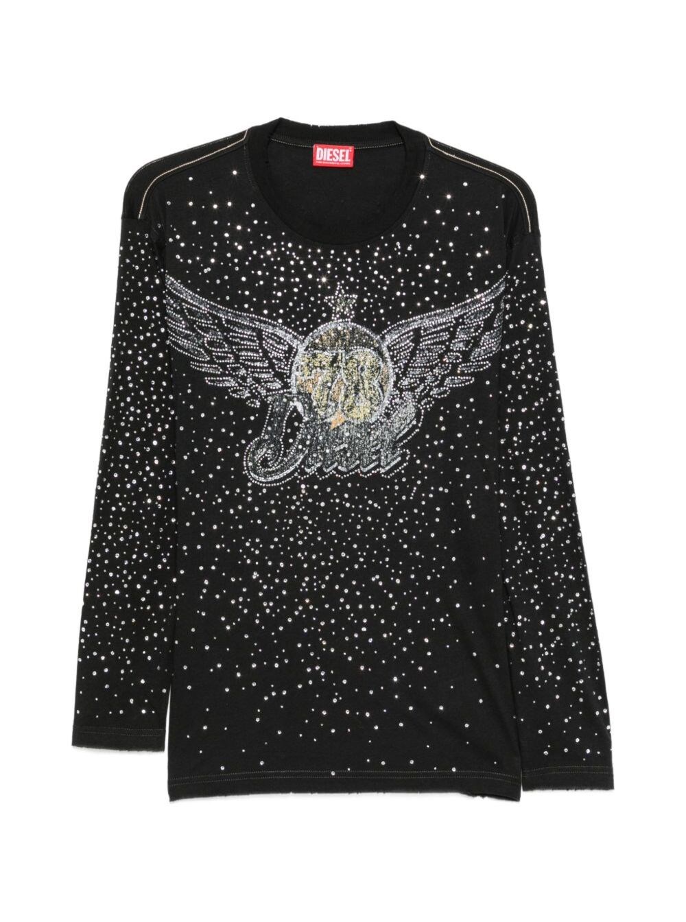 Diesel Uomo Nero T-Shirt A Maniche Lunghe Con Strass