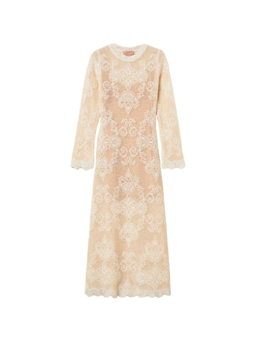 Twinset Donna Bianco Abito Midi A Maniche Lunghe Con Pizzo